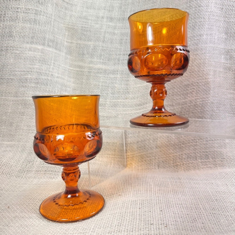 Vintage Amber Kings Crown‎ Thumbprint Wine Glass 4 1/2" Set 2